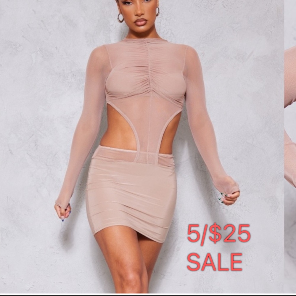 Pretty Little Thing Mesh Cut Out Ruched Long Sleeve Bodycon Dress 5/25 SALE